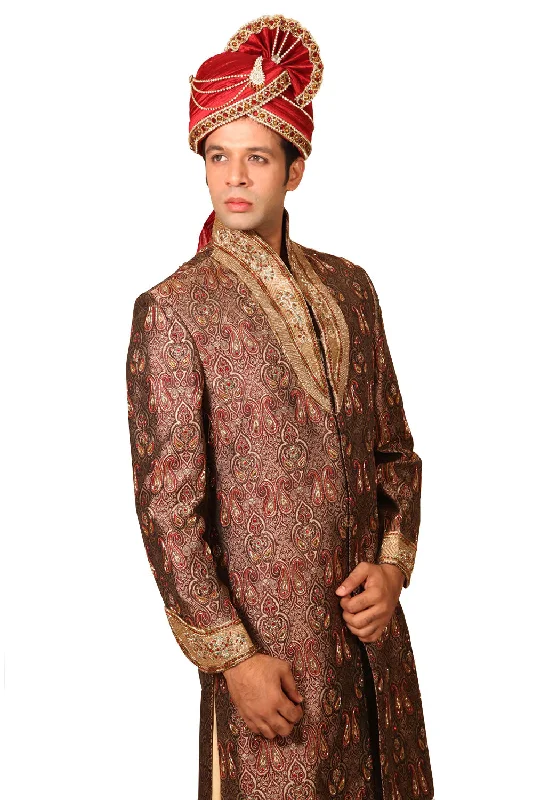 Limited Availability Trendy Highneck Indian Wedding Brown Sherwani For Men