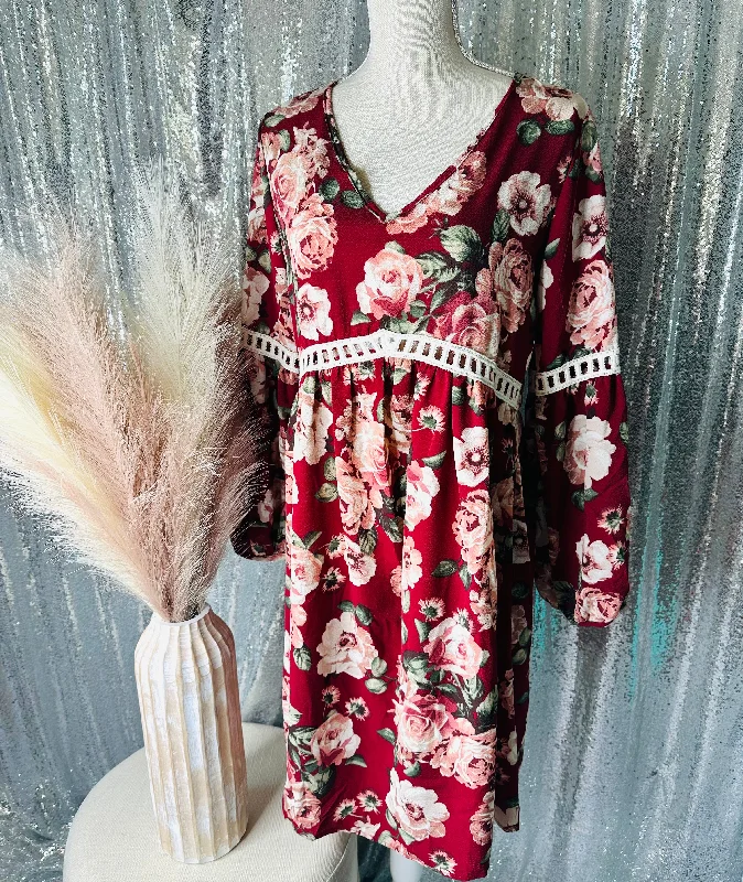 Must-Have Deals Burgundy Floral Belle Long Sleeve Flowy Dress