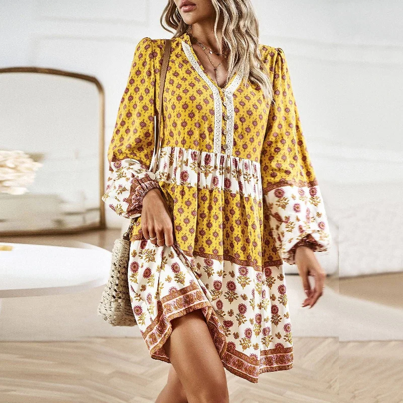 Midnight Madness Boho Puff Sleeve Button Up Medallion Mini Shift Dress