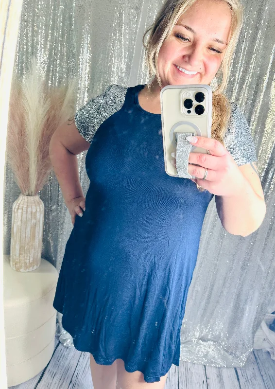 Lowest Prices Dark Blue Sequins Short Sleeve Dress