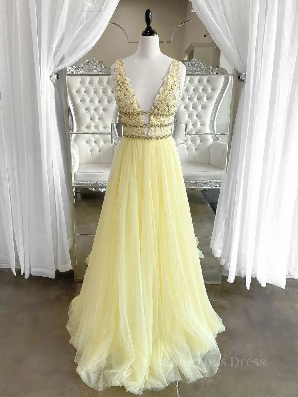 Special Price Yellow v neck tulle lace long Corset Prom dress, yellow tulle lace evening dress outfit Special Price Yellow v neck tulle lace long Corset Prom dress, yellow tulle lace evening dress outfit