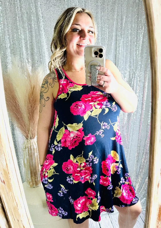 Grand Opening Sale Dark Blue & Pink Floral Tank Dress