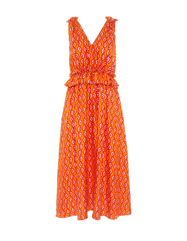 Price Drop Mimi Orange Twister Print Silk Twill Midi Dress