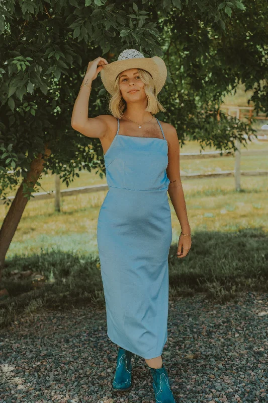 Can't Miss Open Back Denim Strap Midi Dress