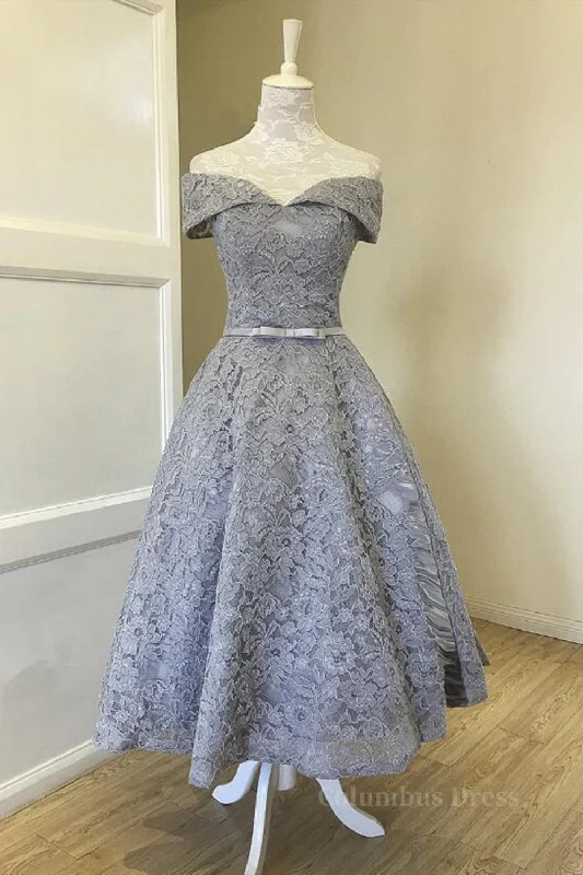 Mega Sale Off Shoulder Tea Length Gray Lace Corset Prom Dresses, Off the Shoulder Gray Corset Homecoming Dresses, Gray Lace Corset Formal Evening Dresses outfit Mega Sale Off Shoulder Tea Length Gray Lace Corset Prom Dresses, Off the Shoulder Gray Corset Homecoming Dresses, Gray Lace Corset Formal Evening Dresses outfit