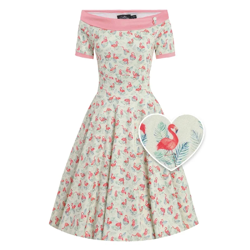 Don't Wait Dolly and Dotty Darlene 50's Dress- Cream Flamingo Print