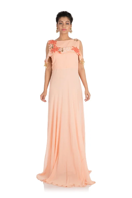 Year-End Sale Hand Embroidered Light Peach Long Cold Shoulder Dress