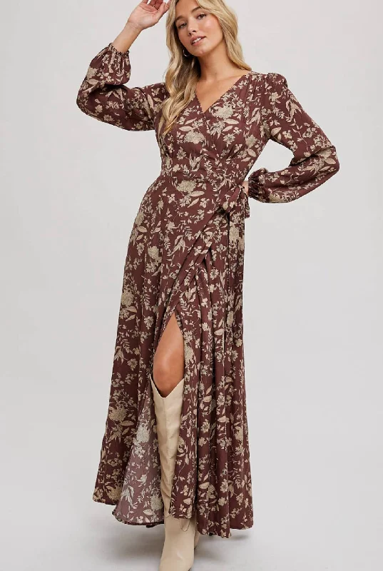 Instant Discount Floral Print Wrap Maxi Dress- Hazelnut