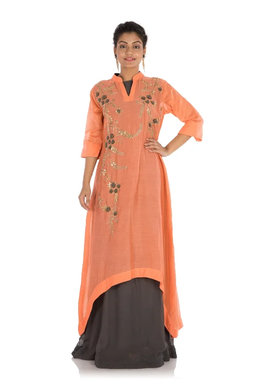 The Best Prices Hand Embroidered Peach & Slate Grey Double Layer Asymmetrical Kurti The Best Prices Hand Embroidered Peach & Slate Grey Double Layer Asymmetrical Kurti