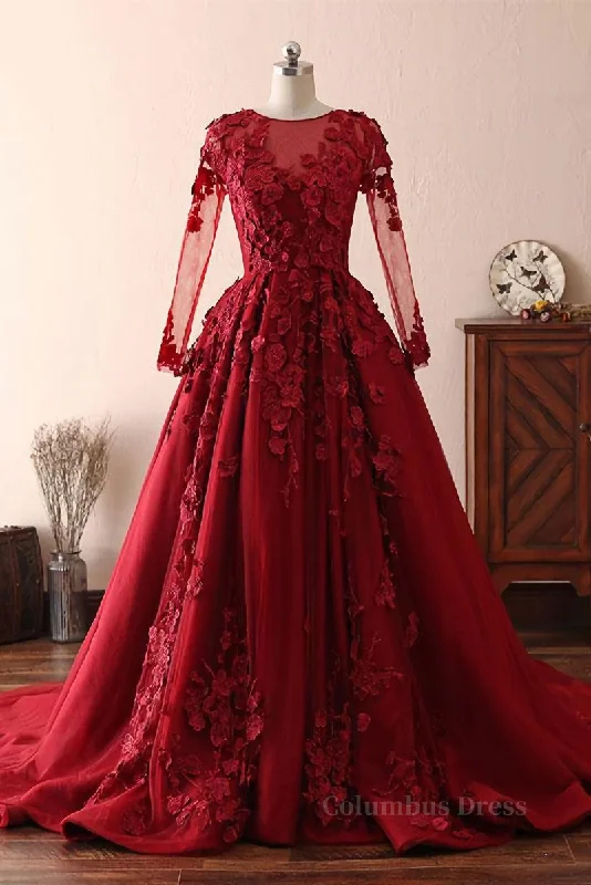 Can't Miss Burgundy round neck lace long Corset Prom dress burgundy evening dress outfit