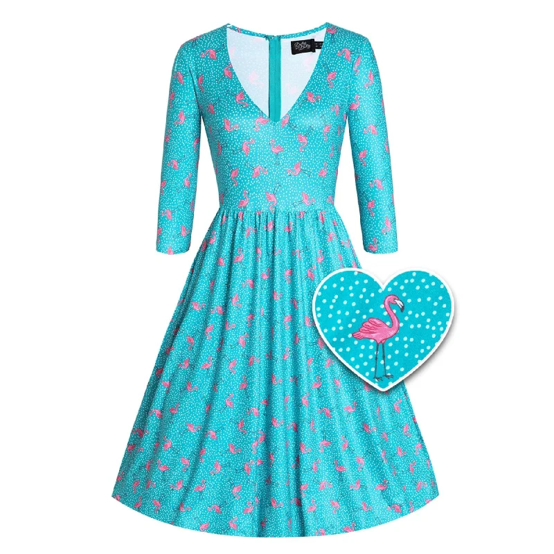 Final Markdown Dolly and Dotty Billie Long Sleeved Dress- Turquoise Flamingo Print