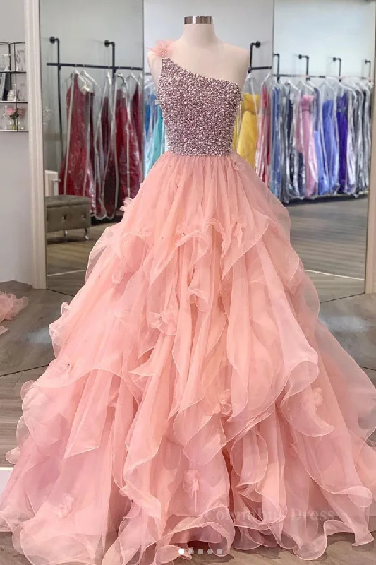 Blowout Sale Pink one shoulder beads long Corset Prom dress pink evening dress outfit