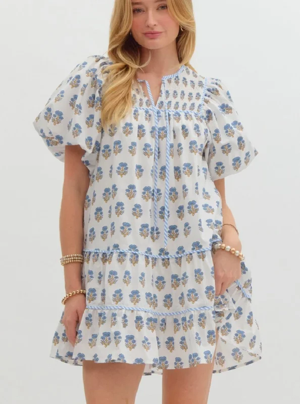Lowest Price The Sunny Floral Puff Sleeve Dress in White & Blue