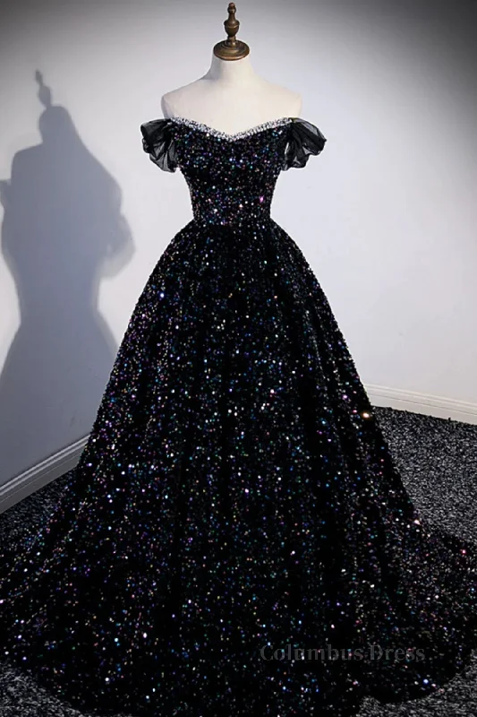 Exclusive Deal Off the Shoulder Black Sequin Corset Prom Dresses, Black Long Corset Formal Evening Dresses outfit Exclusive Deal Off the Shoulder Black Sequin Corset Prom Dresses, Black Long Corset Formal Evening Dresses outfit