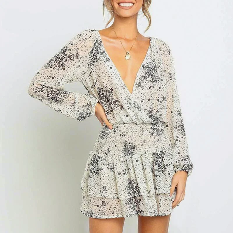 Epic Deals Women's Summer Long-Sleeved Ruffled V-Neck Mini Dress