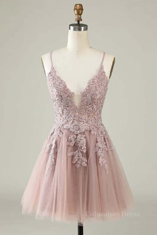 Lowest Prices Open Back V Neck Pink Lace Appliques Corset Prom Dress, Pink Lace Corset Homecoming Dress, Short Pink Corset Formal Graduation Evening Dress outfit Lowest Prices Open Back V Neck Pink Lace Appliques Corset Prom Dress, Pink Lace Corset Homecoming Dress, Short Pink Corset Formal Graduation Evening Dress outfit