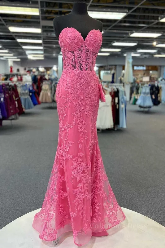 Super Sale Hot Pink Mermaid Lace Corset Prom Dresses, Hot Pink Mermaid Lace Corset Formal Evening Dresses outfit