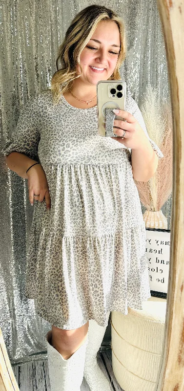 Big Discounts Taupe Grey Leopard Tiered Dress