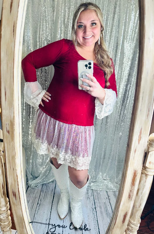 Flash Deals Burgundy Lace Belle Long Sleeve Tunic Dress