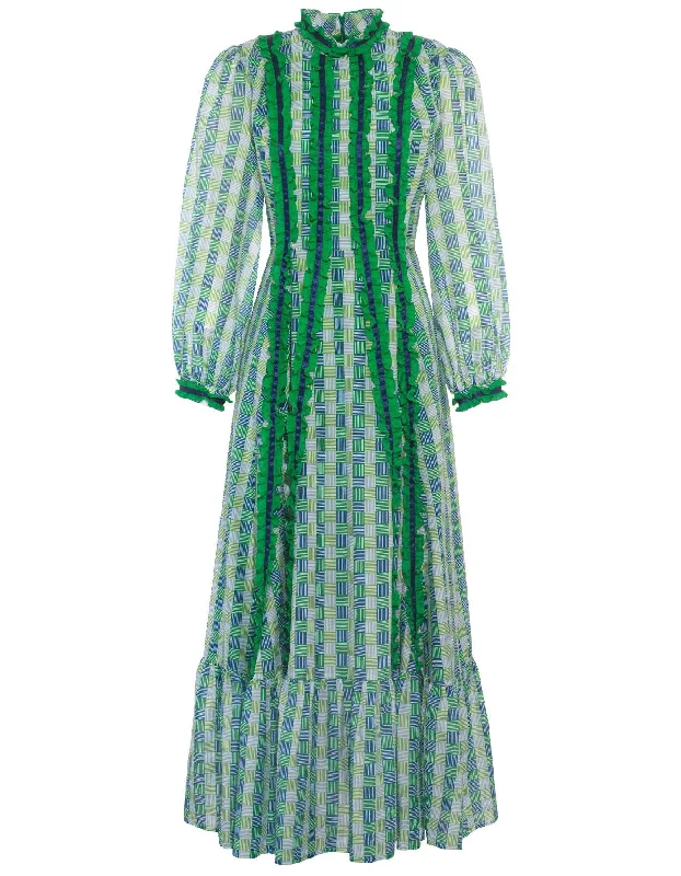 Flash Sale Gigi Blue Green Hopscotch Print Silk Voile Maxi Dress