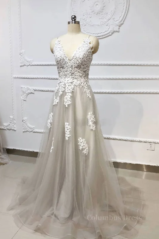Markdowns Gray v neck tulle lace long Corset Prom dress, gray tulle evening dress outfit Markdowns Gray v neck tulle lace long Corset Prom dress, gray tulle evening dress outfit