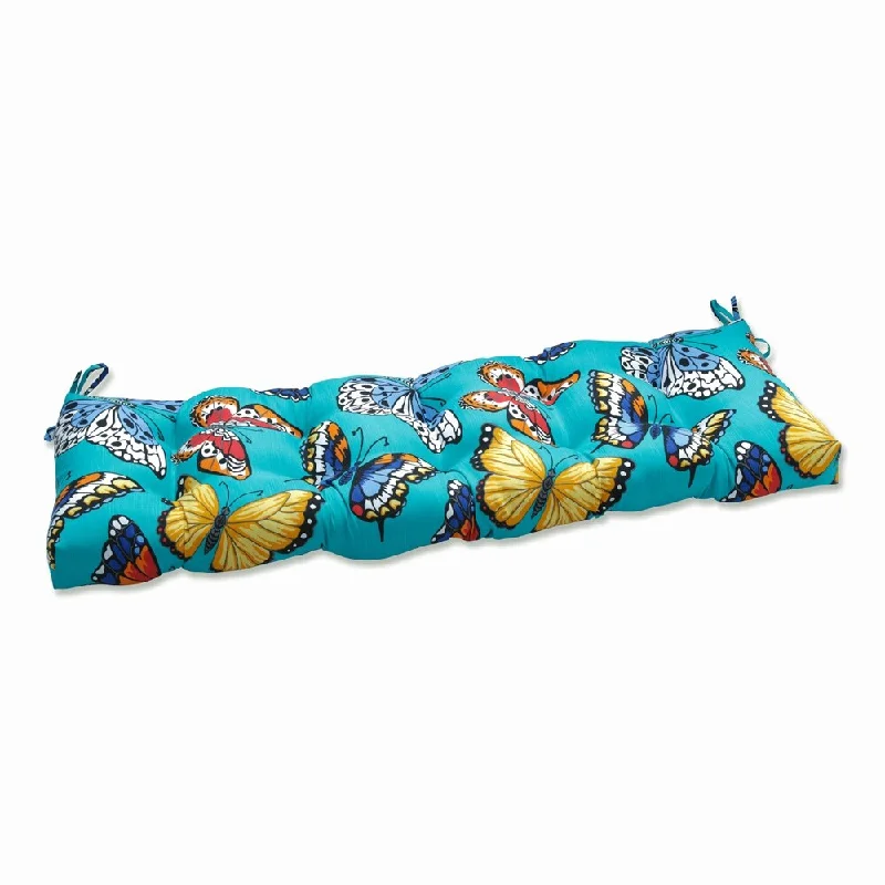 Butterfly Garden Turquoise Outdoor Tufted Bench Swing Cushion - 52 X 18 X 5