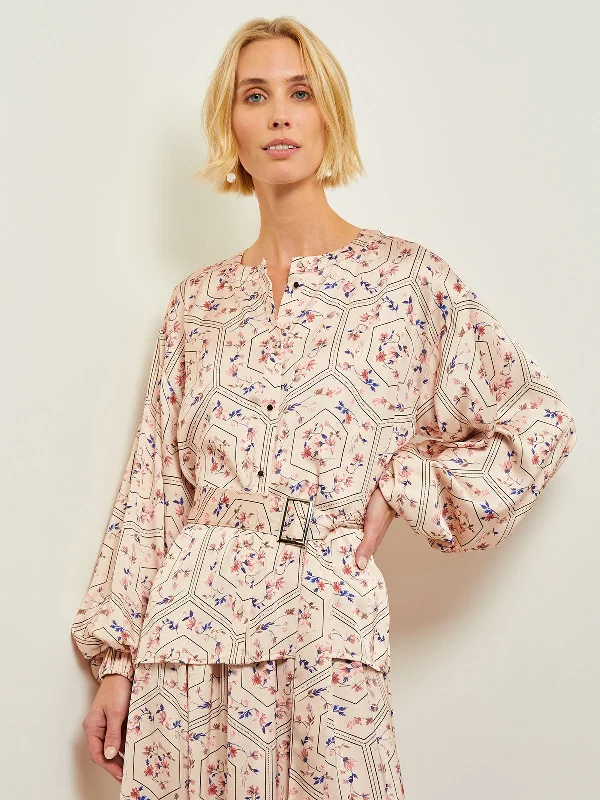 Balloon Sleeve Belted Blouse - Floral Print Crepe de Chine