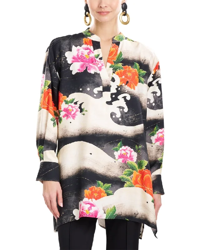 Natori Mayumi Oversized Half Placket Silk-Blend Shirt