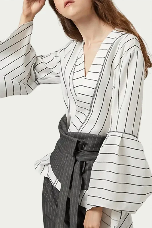 Ronnie Pinstripe Wrap Blouse In White/grey