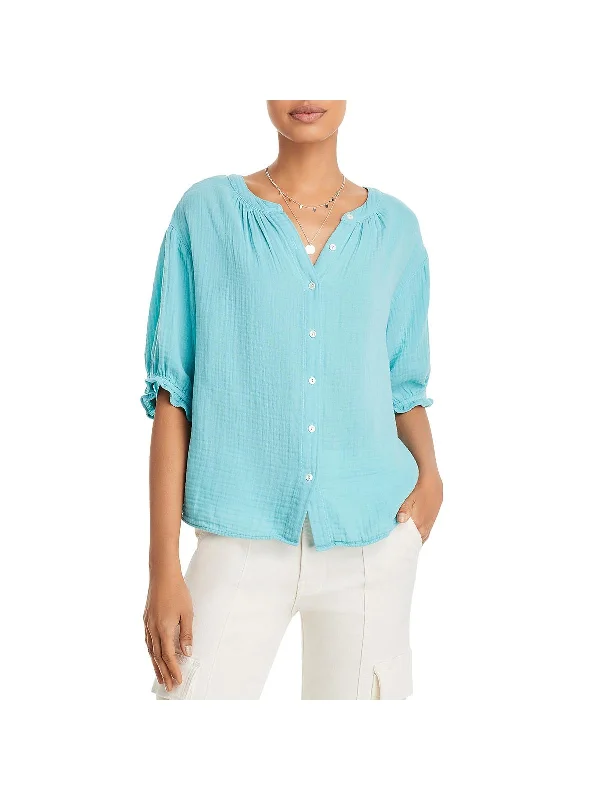 Womens 100% Cotton Elbow Sleeves Button-Down Top