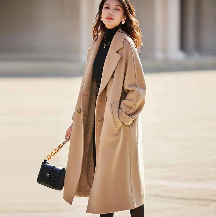 Deal Mania 100% Wool Elegant Double Breasted Belted Warm Wool Coat