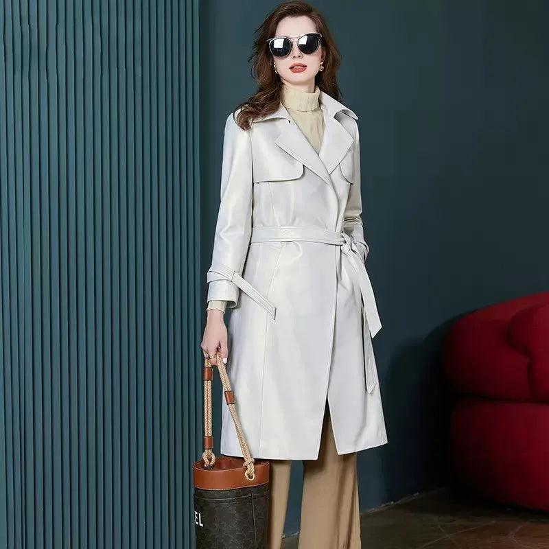 Doorbuster Deal Women's Luxury Genuine Sheepskin Leather Long Trench Coat – Elegant Slim Fit White Belted Windbreaker for Autumn Office
