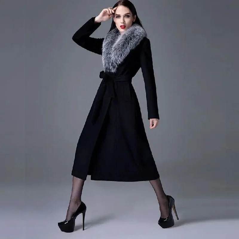 Best Bargains Woman Autumn Winter Thick Warm Wool Coat with Real Fox Fur Collar