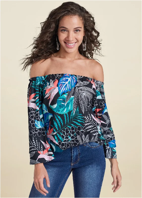 Today’s Deal Off-Shoulder Printed Top - Blue Multi