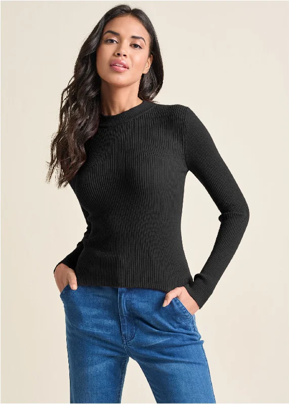Daily Deals Ribbed Long Sleeve Top - Black
