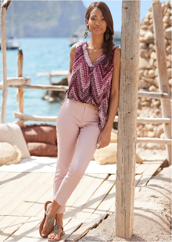 Lowest Price V-Neck Sleeveless Top - Burgundy Multi
