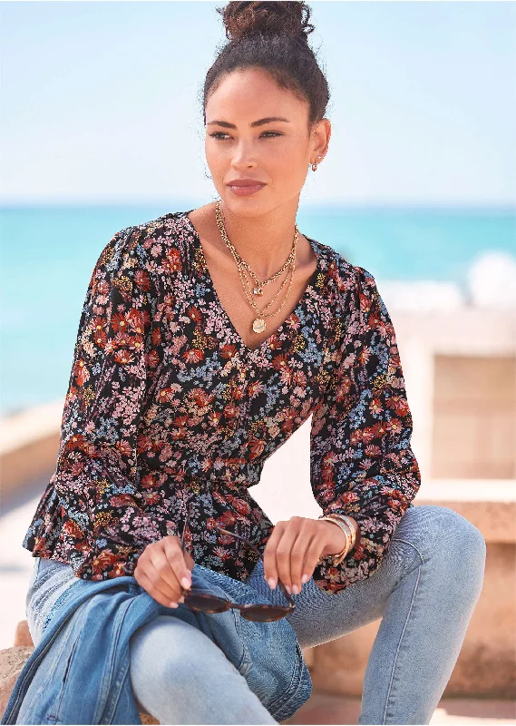 Unmissable Offer V-Neck Peplum Blouse - Purple Multi