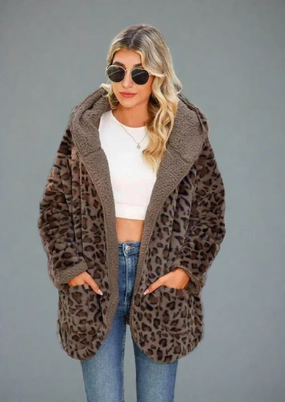 Discount Mania Leopard Hooded Coat with Pockets