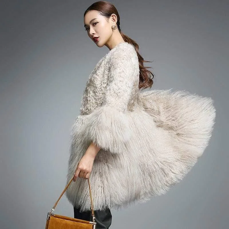 Final Markdown Real Fur Coat for Women Natural Lamb Fur with Mongolia Sheep Fur Coats