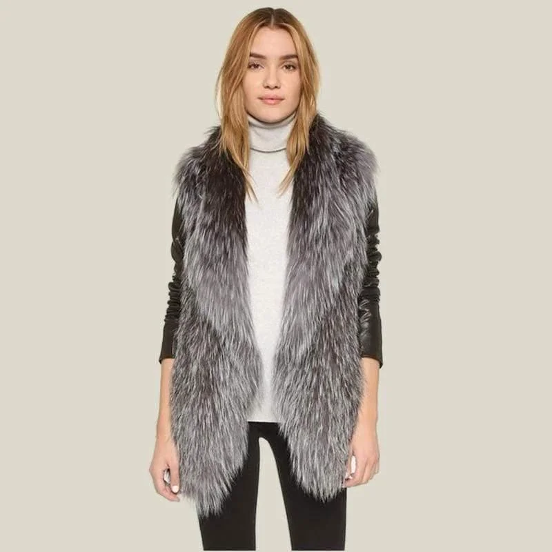 Deal Dash Real Knit Silver Fox Fur Vest With Collar