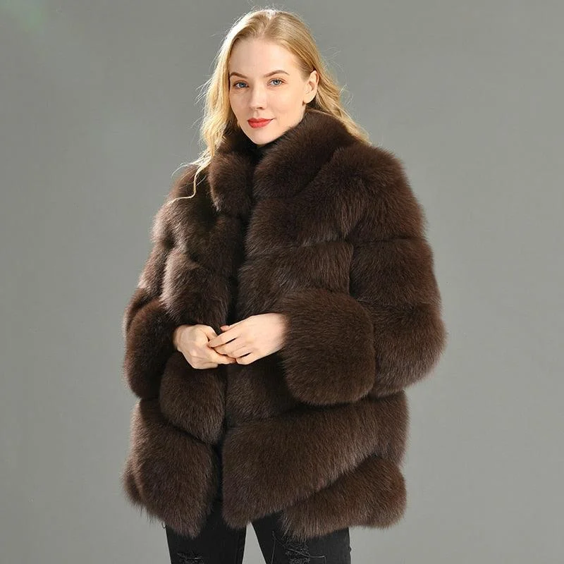 Deal Zone Winter Natural Real Fox Fur Coat For Women with Stand Collar