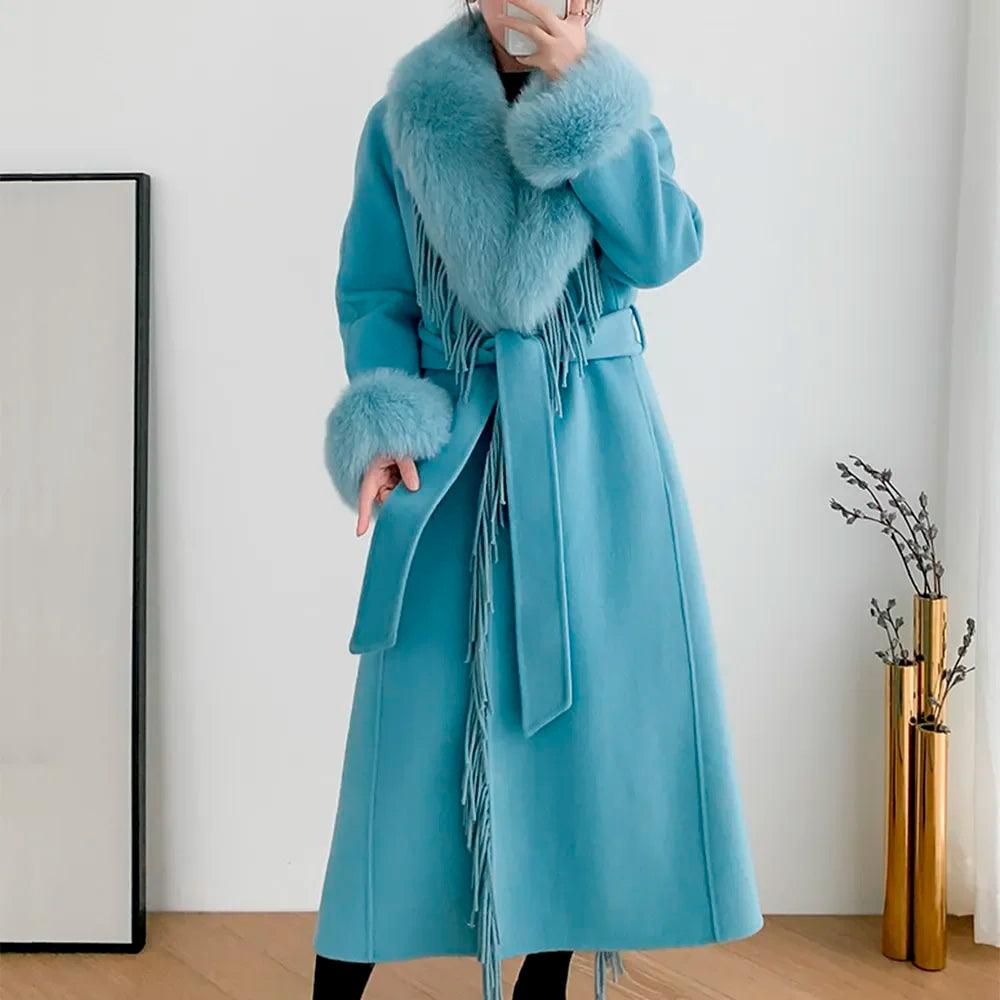 Exclusive Online Offer Women's Real Fur Winter Coat - Cashmere Wool Blend Jacket with Fox Fur Collar, Long Tassel Design, Streetwear Outerwear