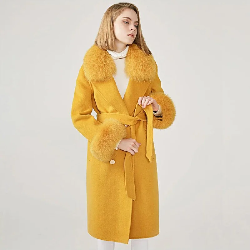 Limited Time Discount Women's Wool Coat with Spring Real Fox Fur Collar