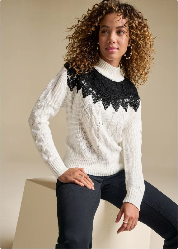 Limited Availability Lace Detail Mock Neck Sweater - Off White & Black
