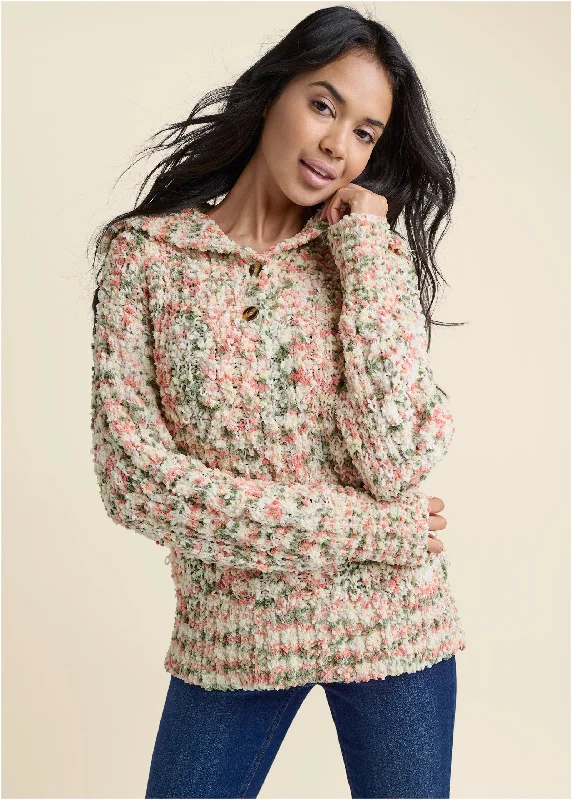 Final Clearance Popcorn Knit High Collar Sweater  - White Multi