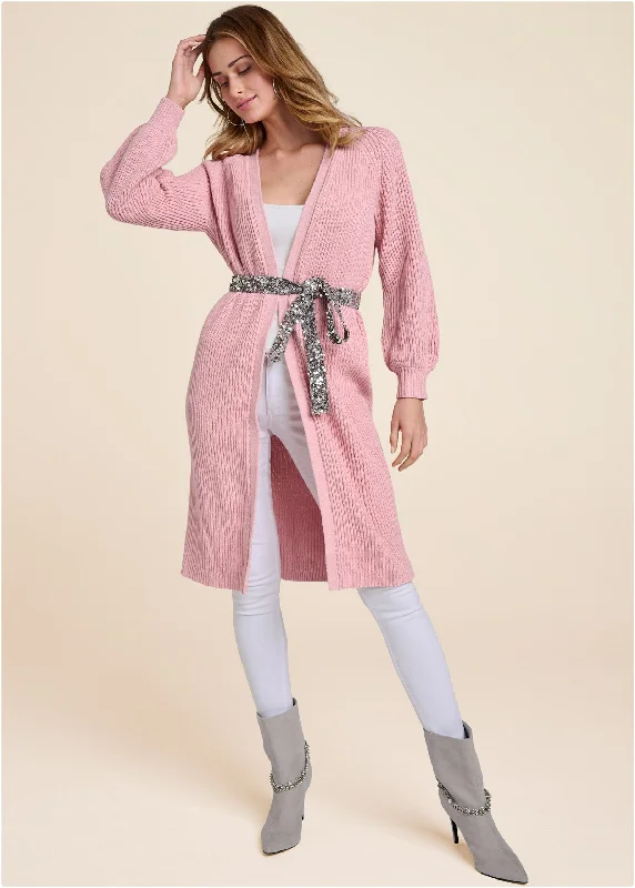 Online Exclusive Knit Duster With Sequin Belt - Pink