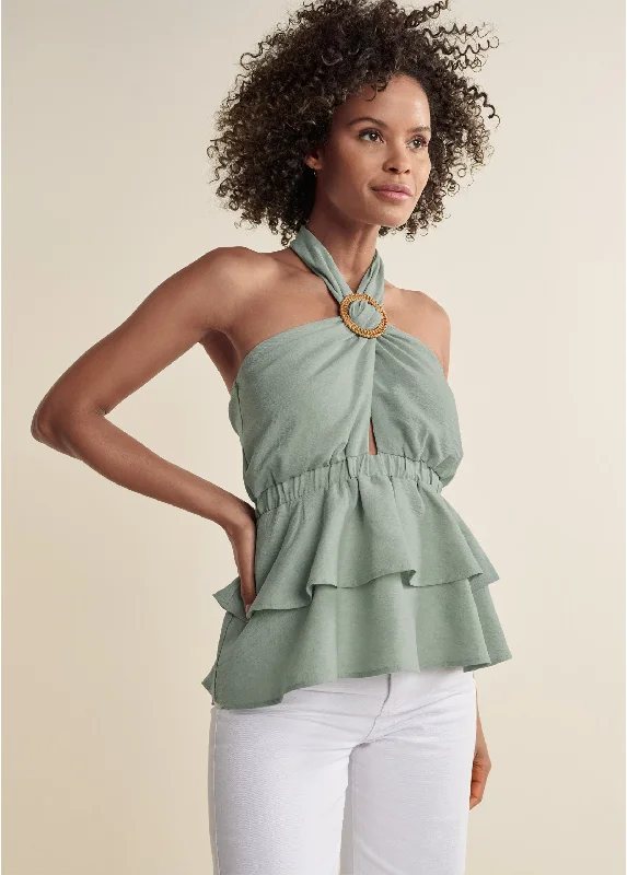 Loyalty Reward Ring Trim Tiered Halter Top - Light Green