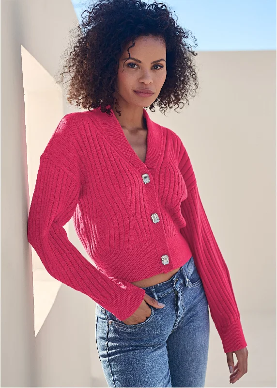 Final Sale Bejeweled Button Cardigan  - Hot Pink