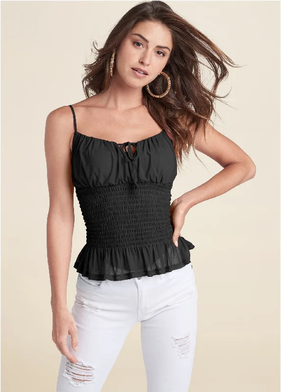 Extra Savings Smocked Mesh Top - Black