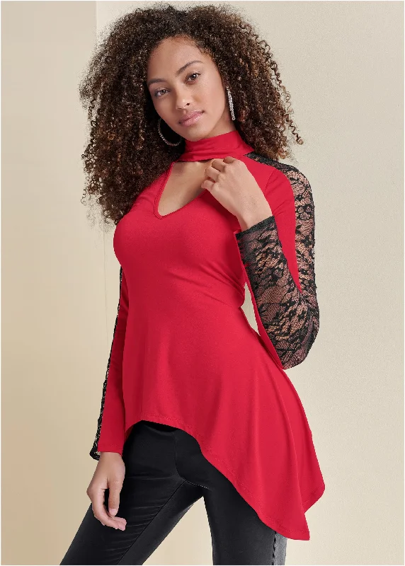 Midnight Madness Lace Sharkbite Hem Top - Red Multi